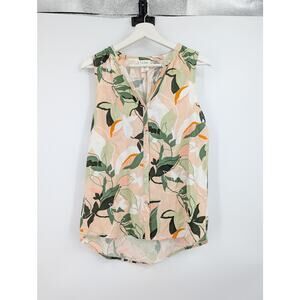 Nicole Miller Linen Blend Button Up Sleeveless Top Women's Med Leaf Print V-Neck